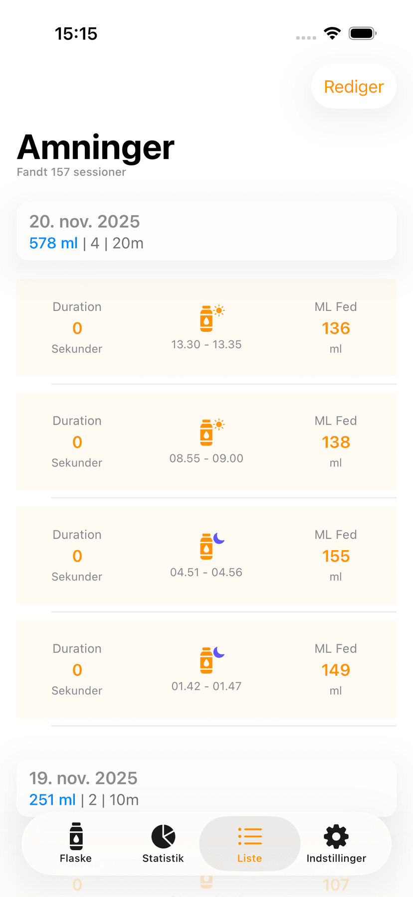 Feeding history list