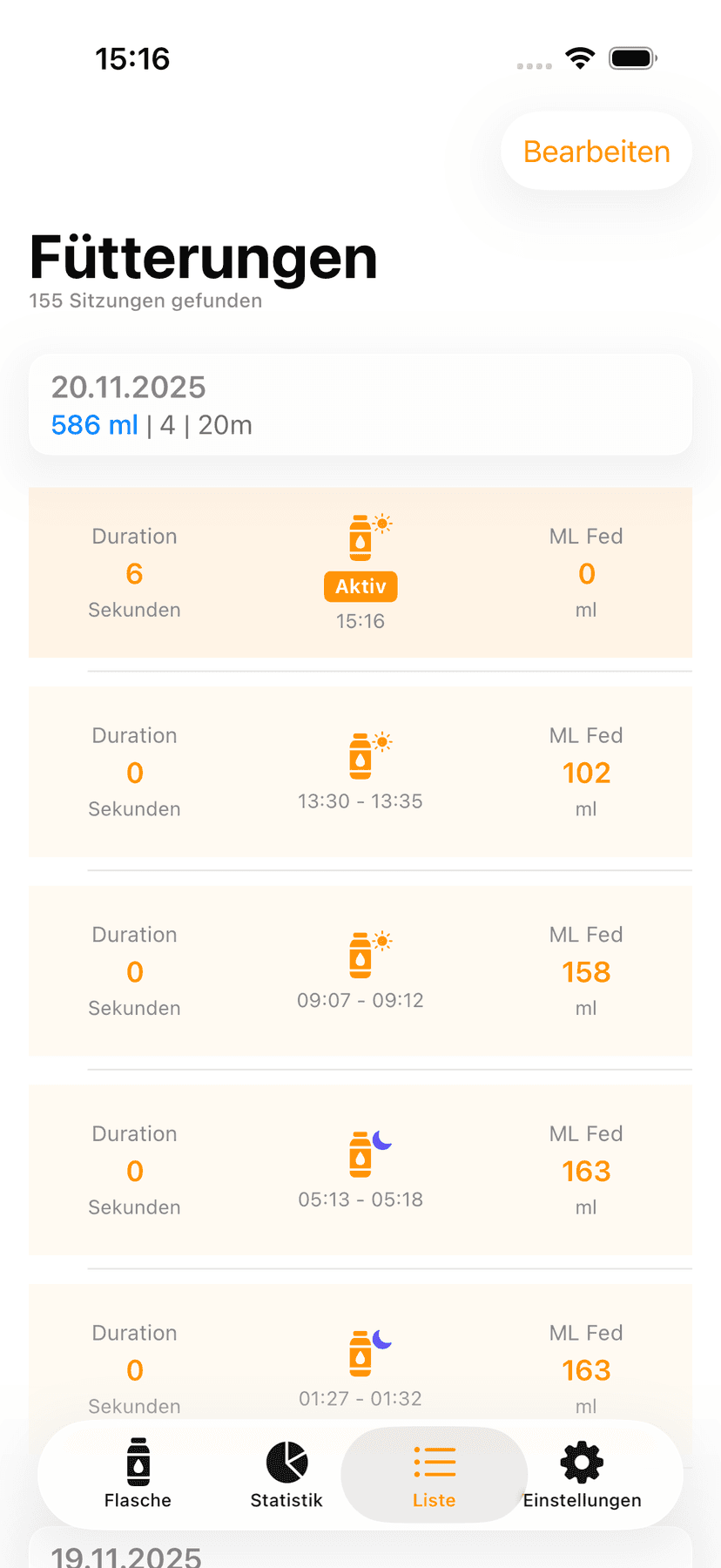 Feeding history list