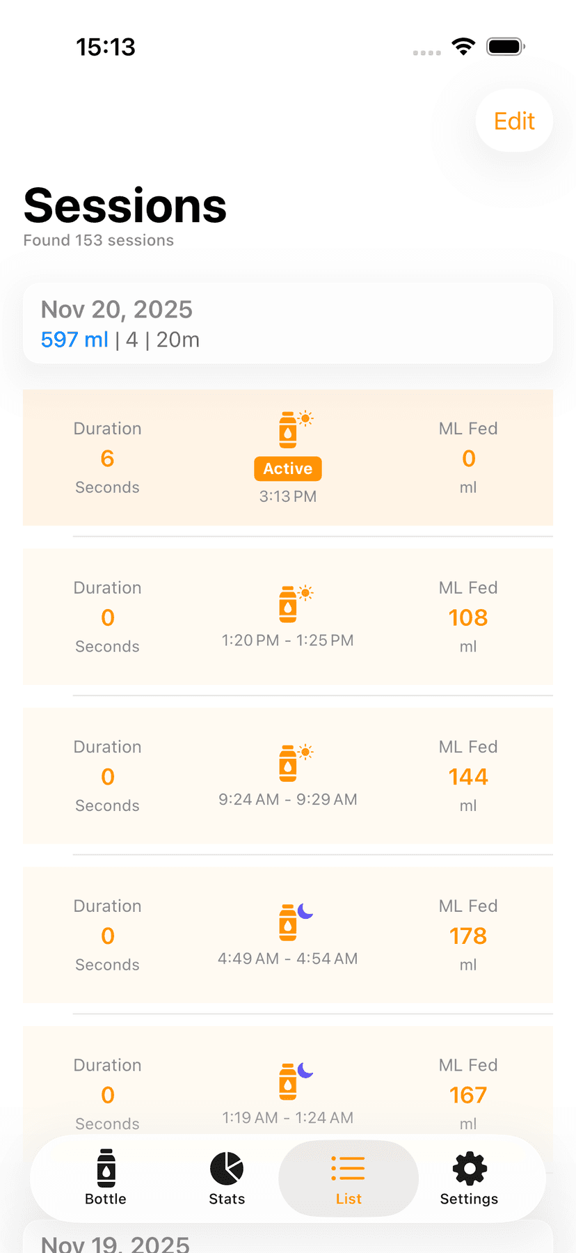 Feeding history list