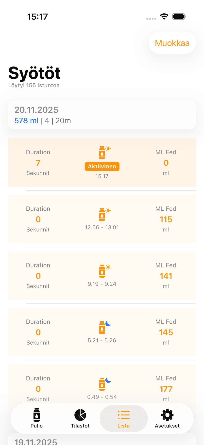 Feeding history list