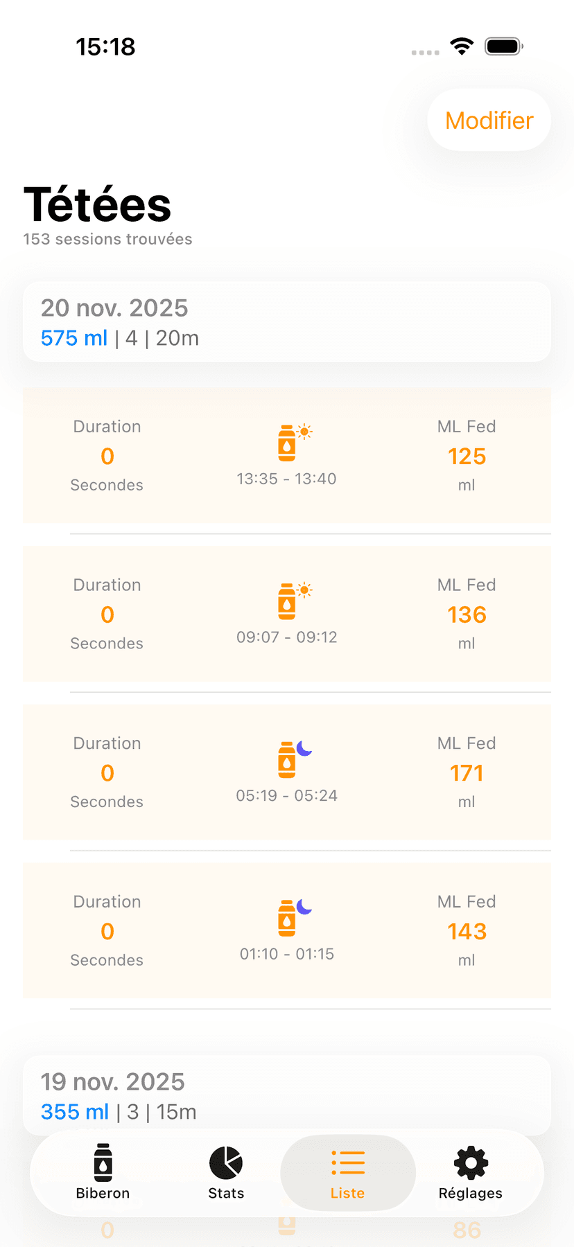 Feeding history list