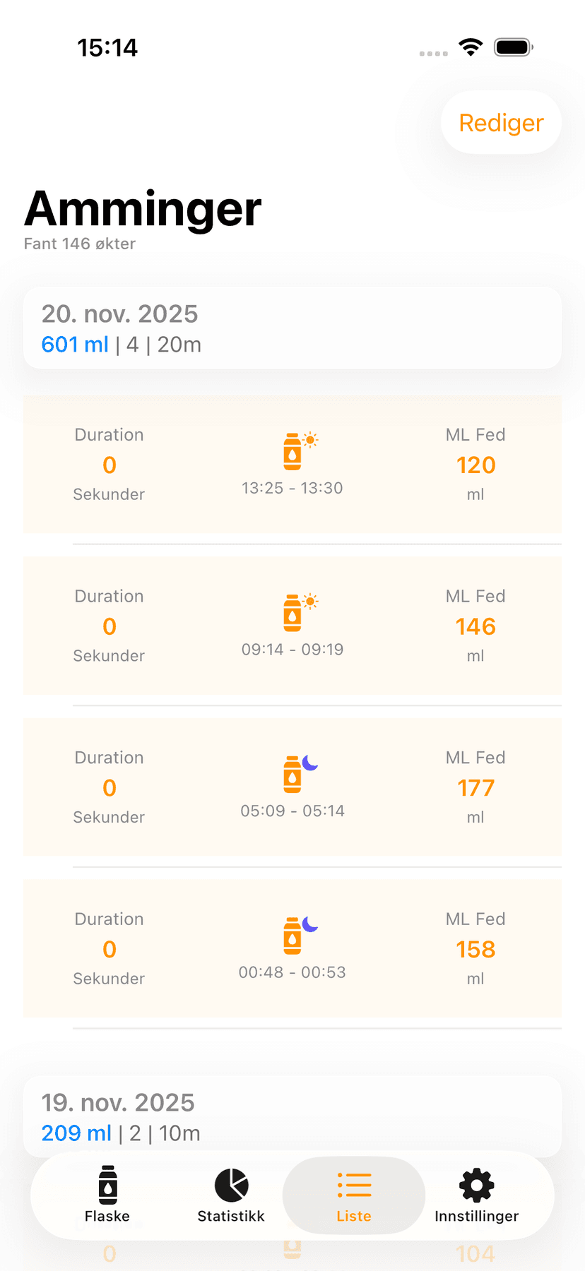 Feeding history list