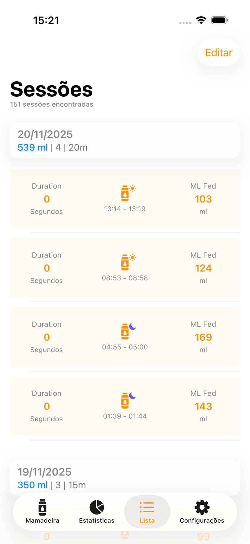 Feeding history list