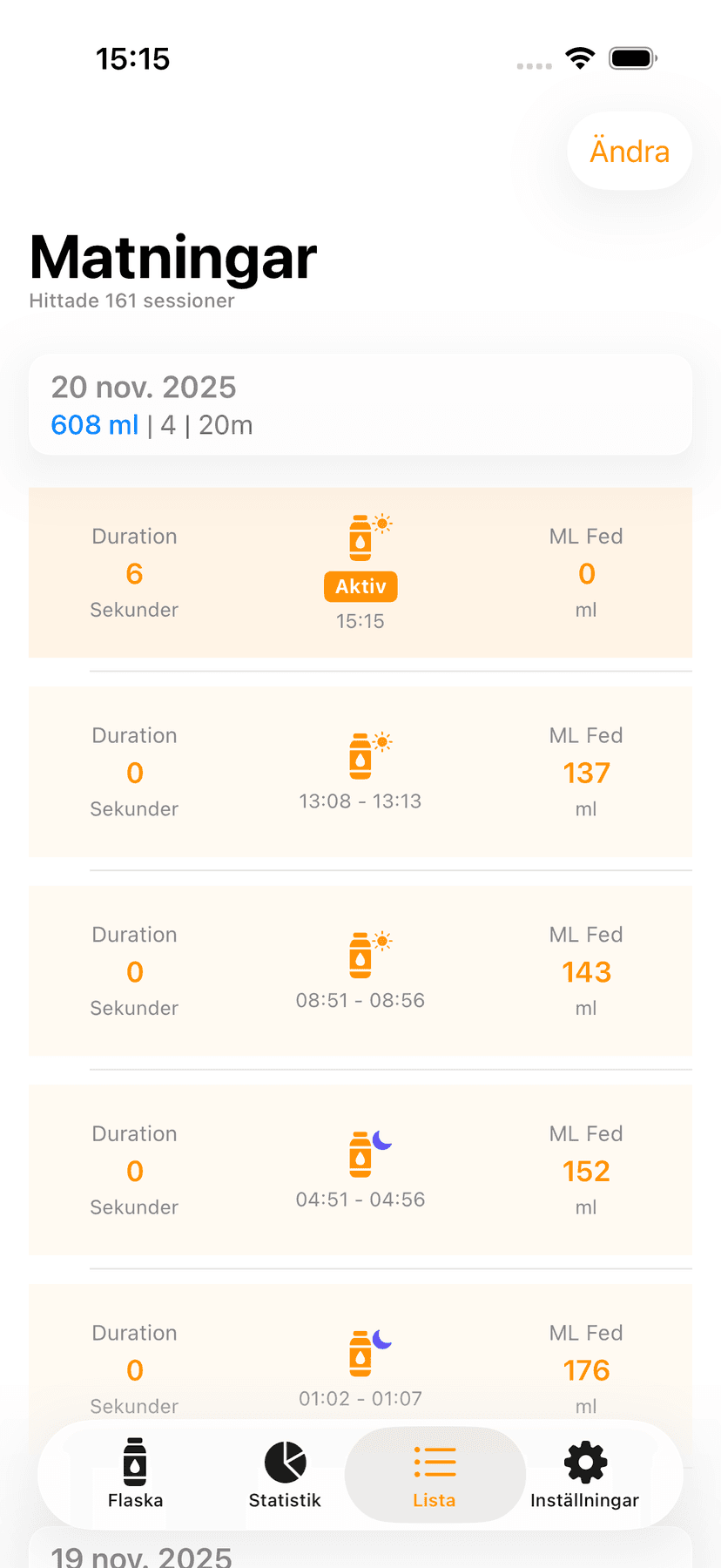 Feeding history list