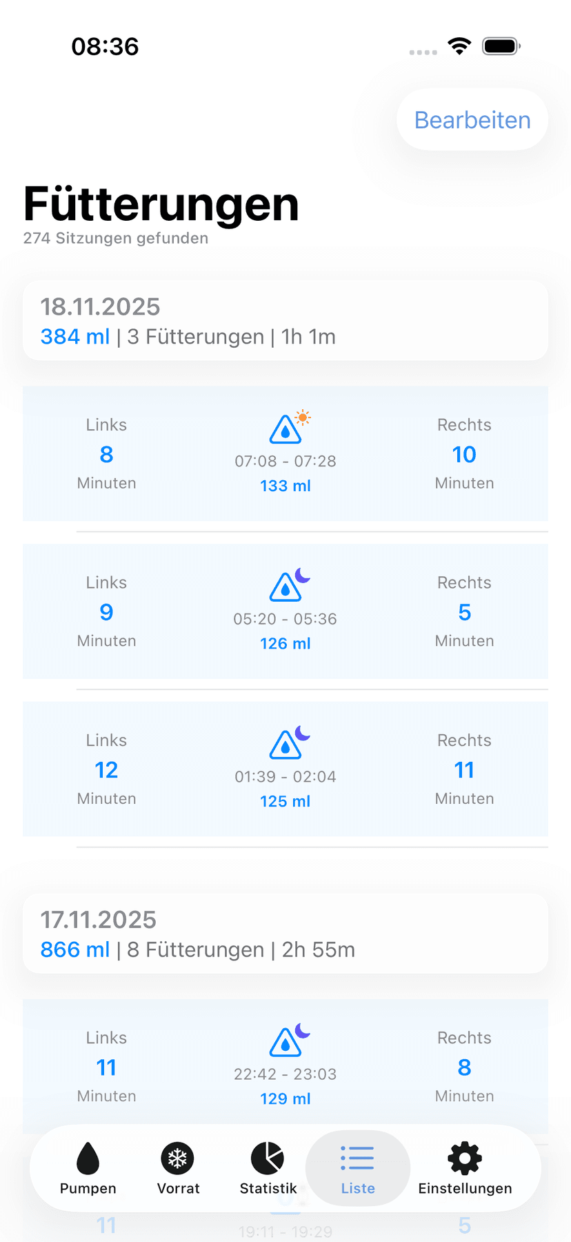 Session history list