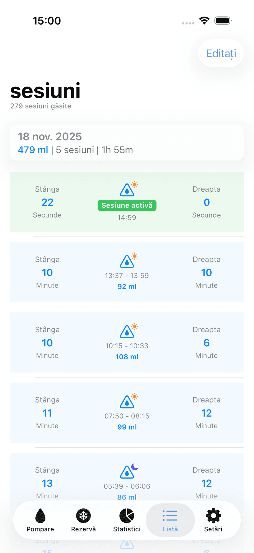 Session history list