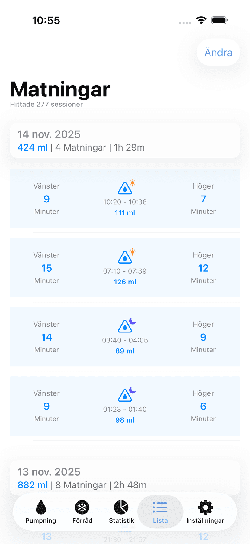 Session history list